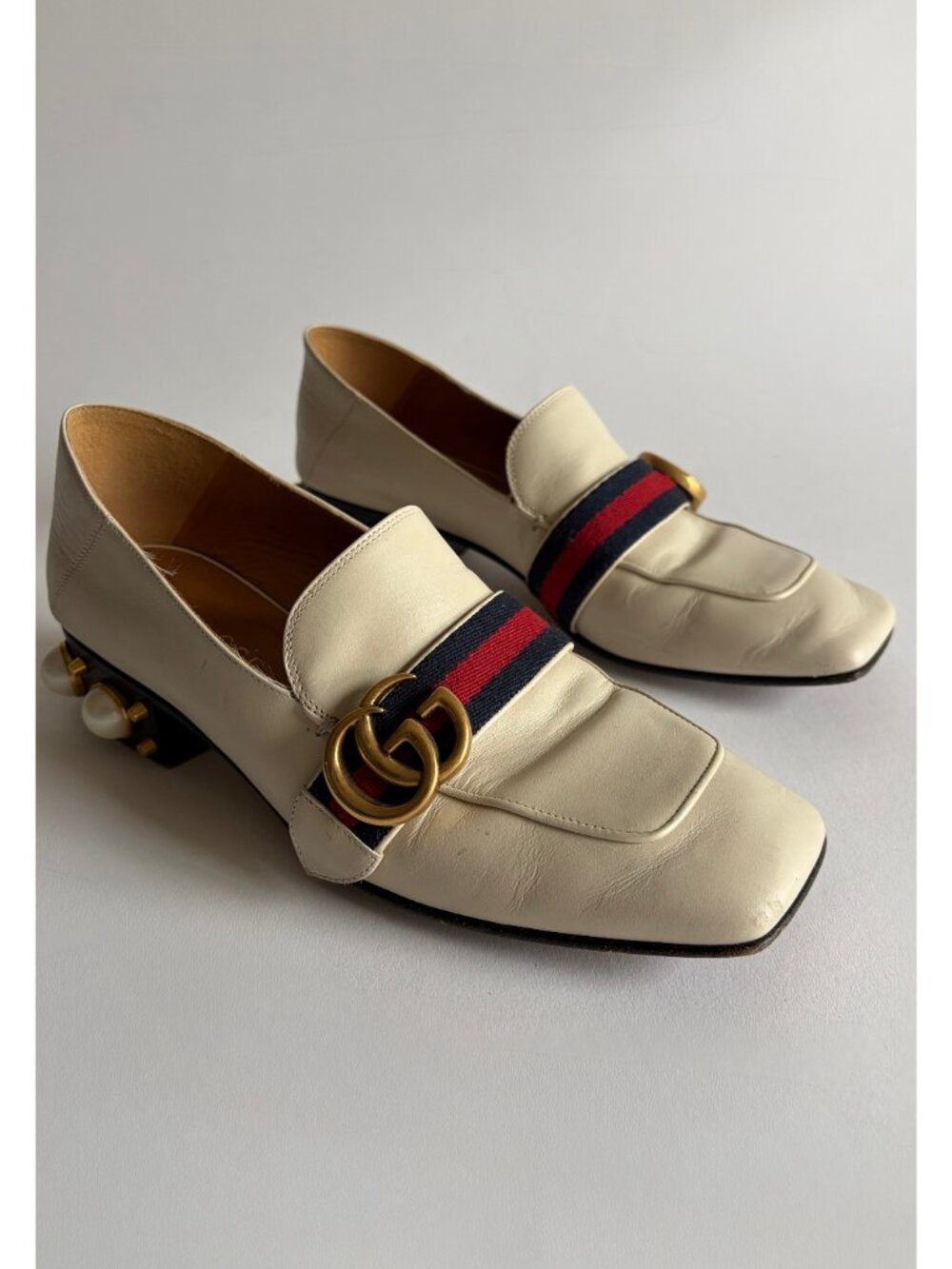 GUCCI PEYTON LEATHER PEARL HEELS MARMONT GG LOAFERS - Picture 4 of 11